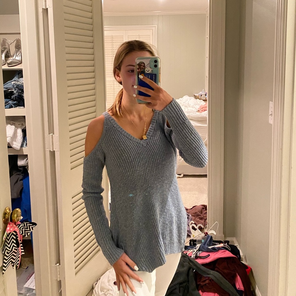 blue cold shoulder sweater